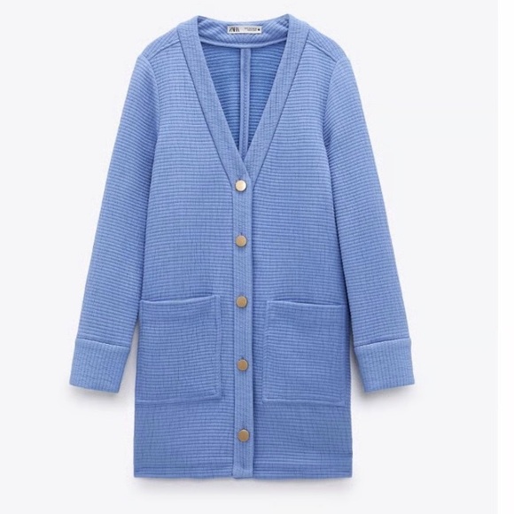 Zara Textured Mini Sweater Button Tunic Dress Pockets Couture Blue Gold Medium - Picture 3 of 9